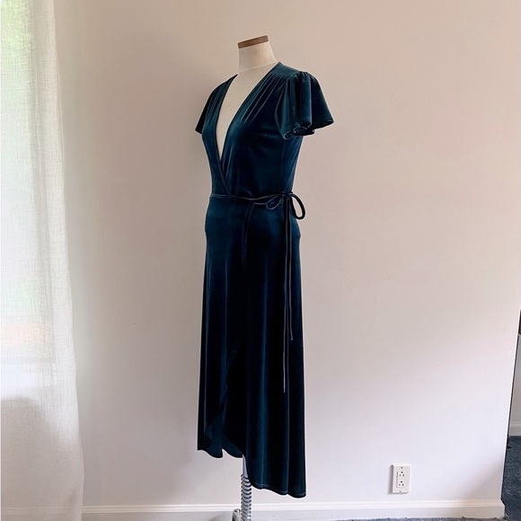BHLDN Elegant Teal Blue Green Velvet Wrap Party Holiday Midi Dress - Picture 7 of 15